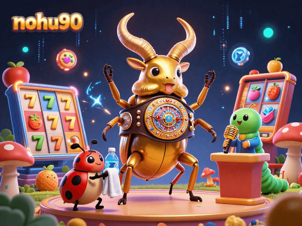 Nohu90 features a giant beetle champion in a casino scene full of vibrant slot elements.