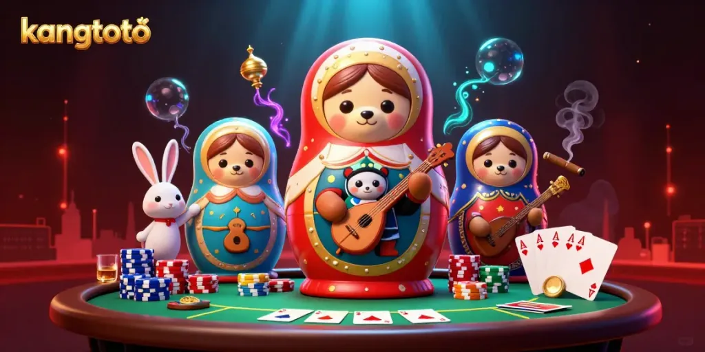 Gambarkan permainan seru di kangtoto dengan beruang matryoshka dan dealer kasino yang menarik.