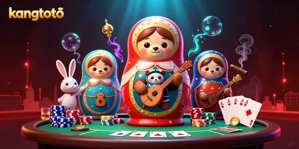 Gambarkan permainan seru di kangtoto dengan beruang matryoshka dan dealer kasino yang menarik.