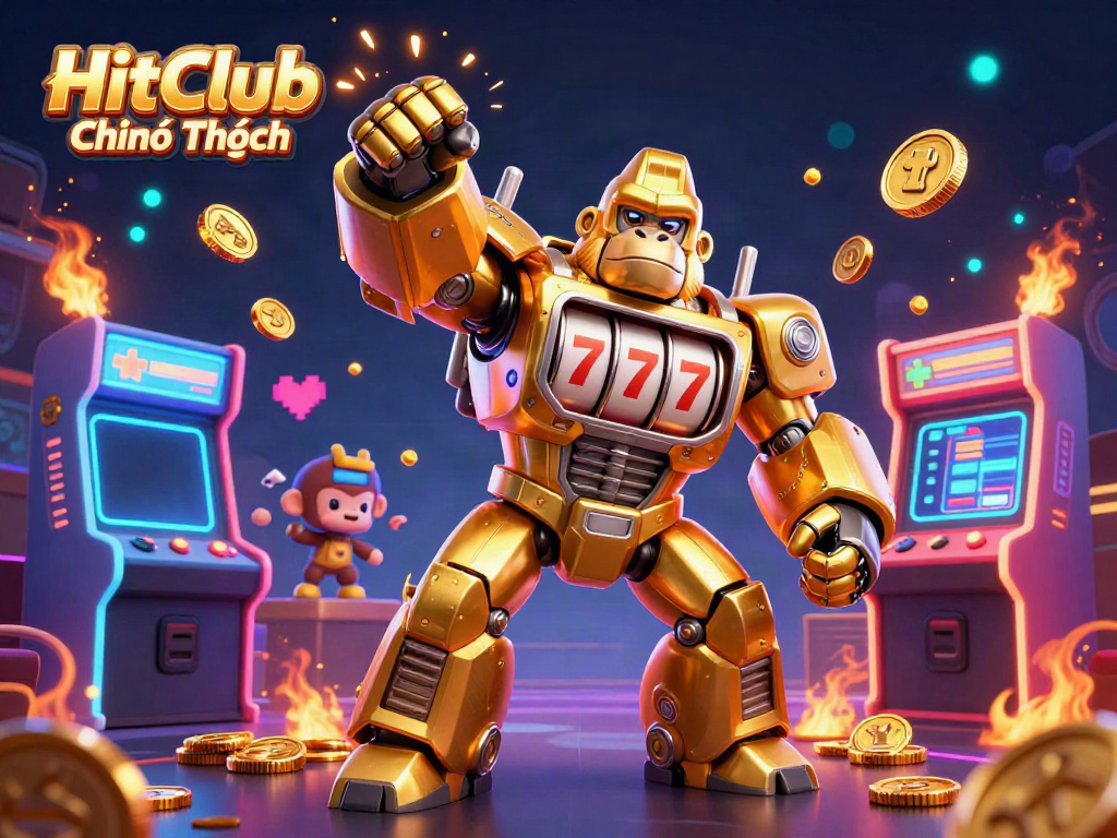 Experience HitClub Chính Thức with a dynamic golden gorilla mech smashing through coins in this vibrant casino scene.