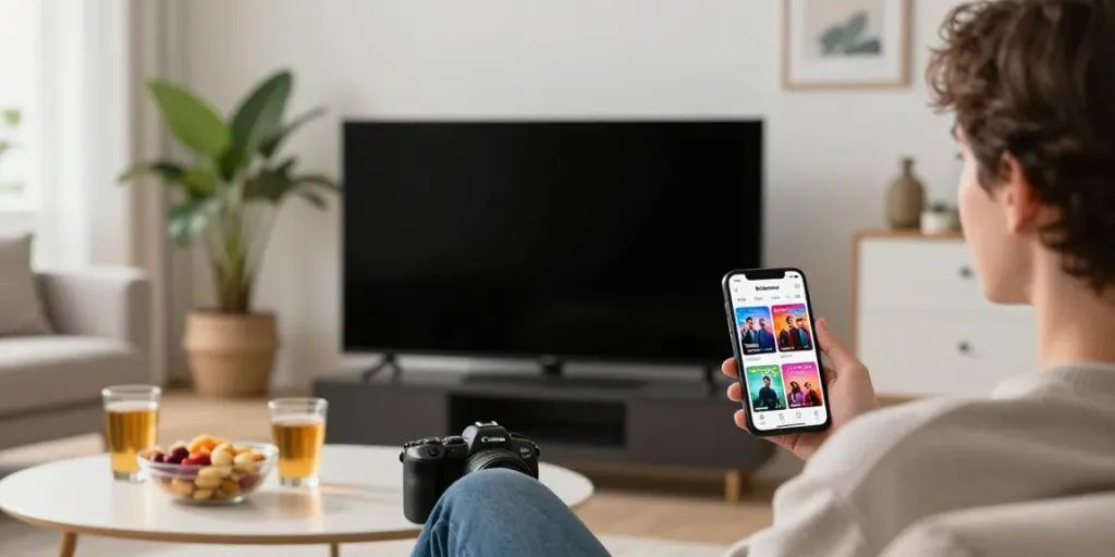 Enjoy streaming Pikashow iOS app on an iPhone in a cozy living room.