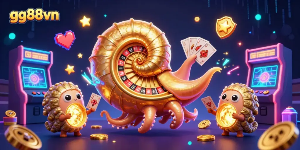 Experience thrilling wins at gg88vn with a vibrant 3D casino illustration featuring dynamic game elements.