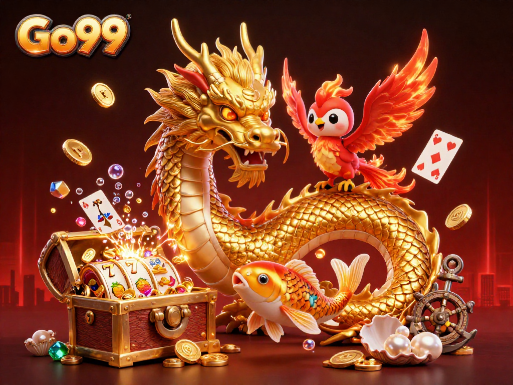 Go99 casino scene featuring a golden dragon, phoenix, and koi fish amidst treasure.