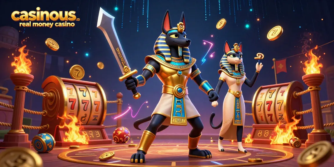 Experience thrilling gameplay at casinous.com real money casino with Anubis and Bastet in vibrant casino action.