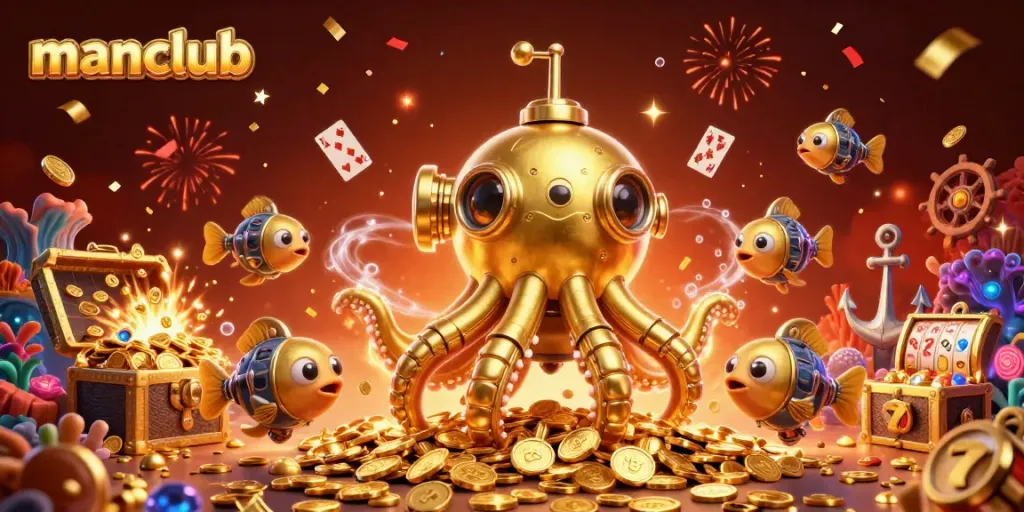 Experience thrilling gameplay at manclub with a vibrant 3D kraken submarine emerging through golden coins.