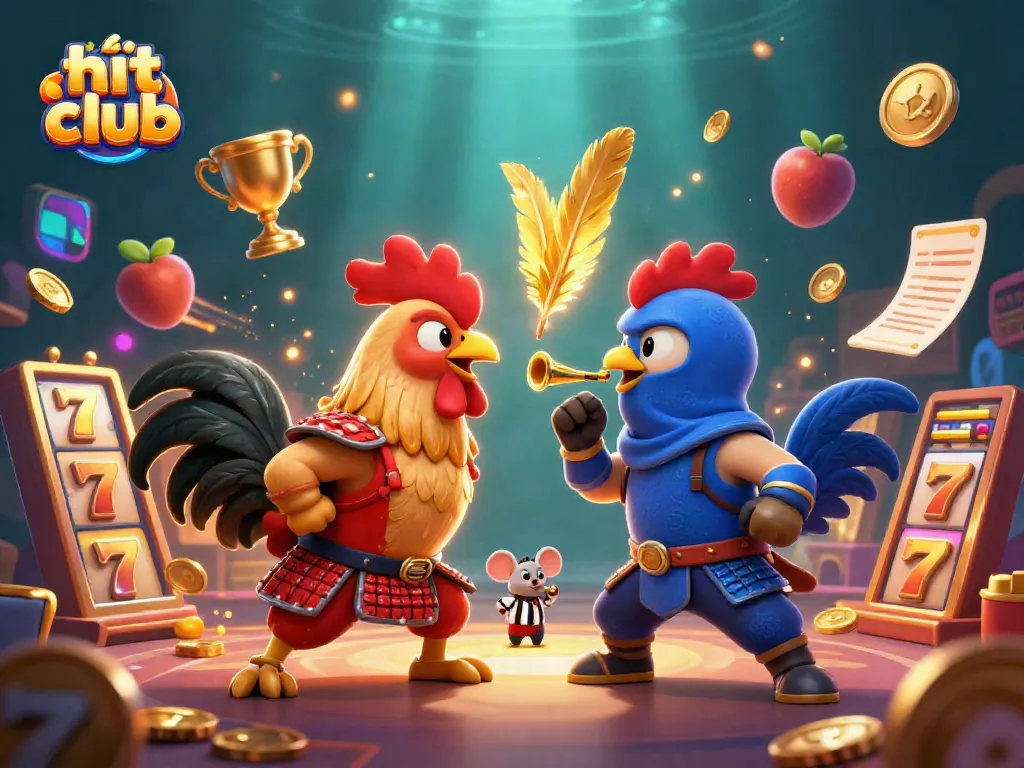 Engage in exhilarating gameplay with tải hit club featuring dynamic 3D cartoon roosters in a colorful casino showdown.