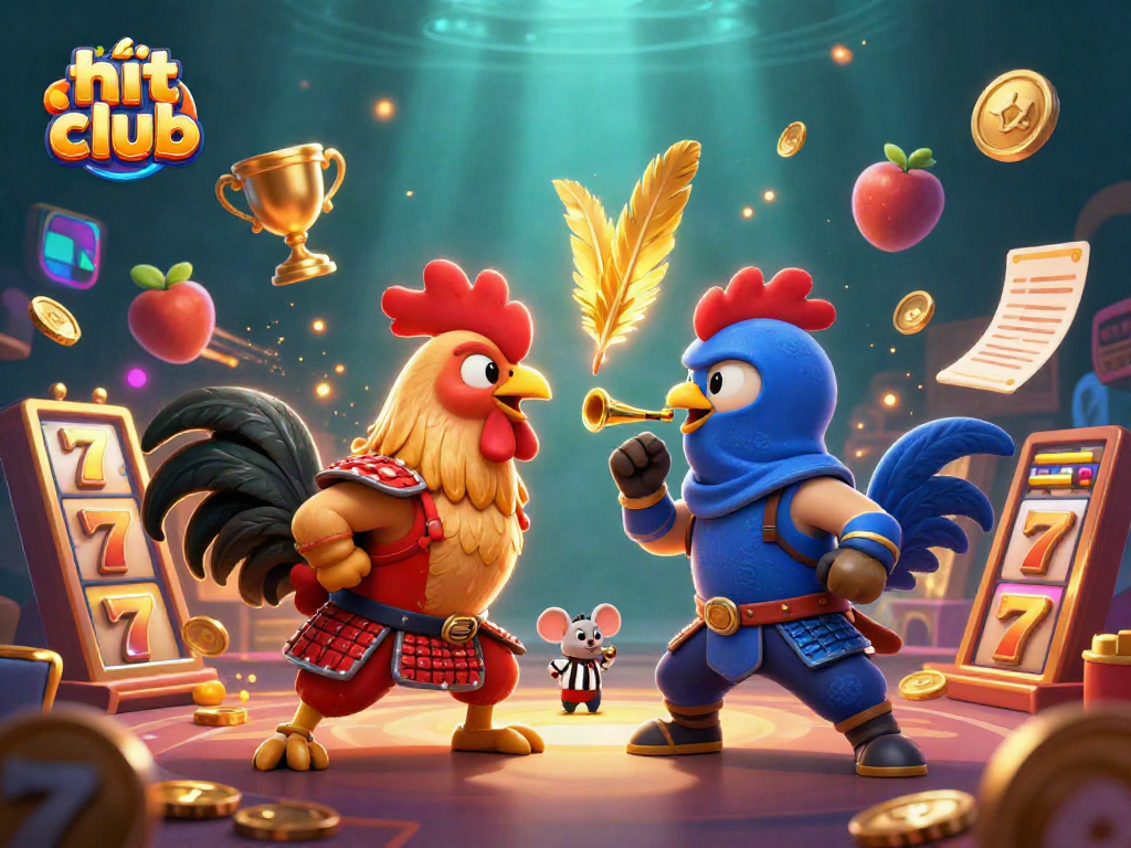 Engage in exhilarating gameplay with tải hit club featuring dynamic 3D cartoon roosters in a colorful casino showdown.