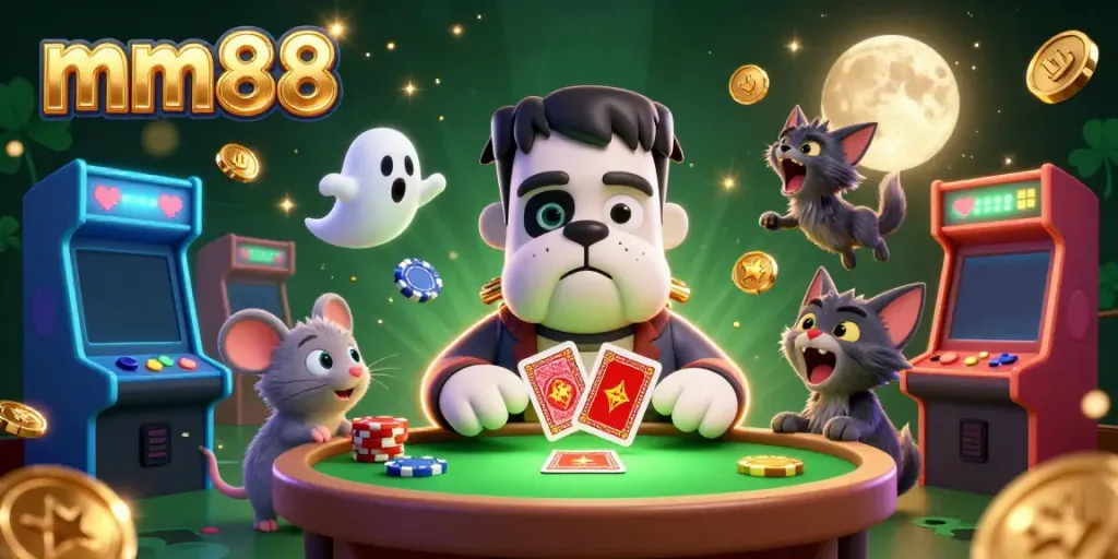 Experience exciting gaming at mm88 with a lively 3D casino scene featuring animated characters and glowing game elements.