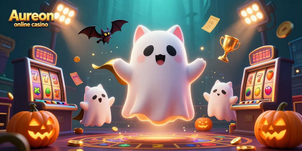Aureon online casino offers a whimsical scene with a friendly ghost cat and a vampire bat in a haunted atmosphere.