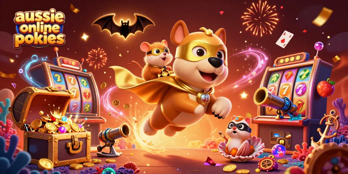 aussie online pokies characters enjoy dynamic gaming around slot machines, celebrating wins with gold coins and confetti
